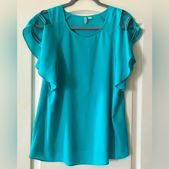 EST. 1946 Teal Polyester Flowy Short Sleeve Blouse Women’s Size Medium - Picture 1 of 13